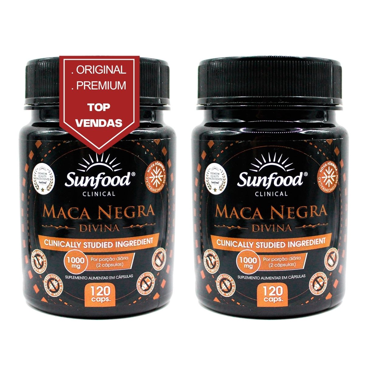 Kit 2 x Maca Peruana Negra Divina Pré-Hormonal 1000mg Sunfood 120 Caps Original